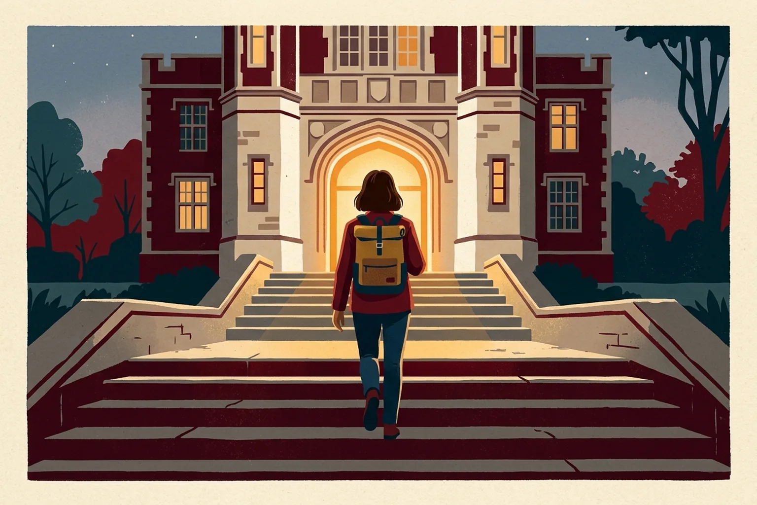 Illustration of an adult student with a backpack walking up the steps of a college building at dusk