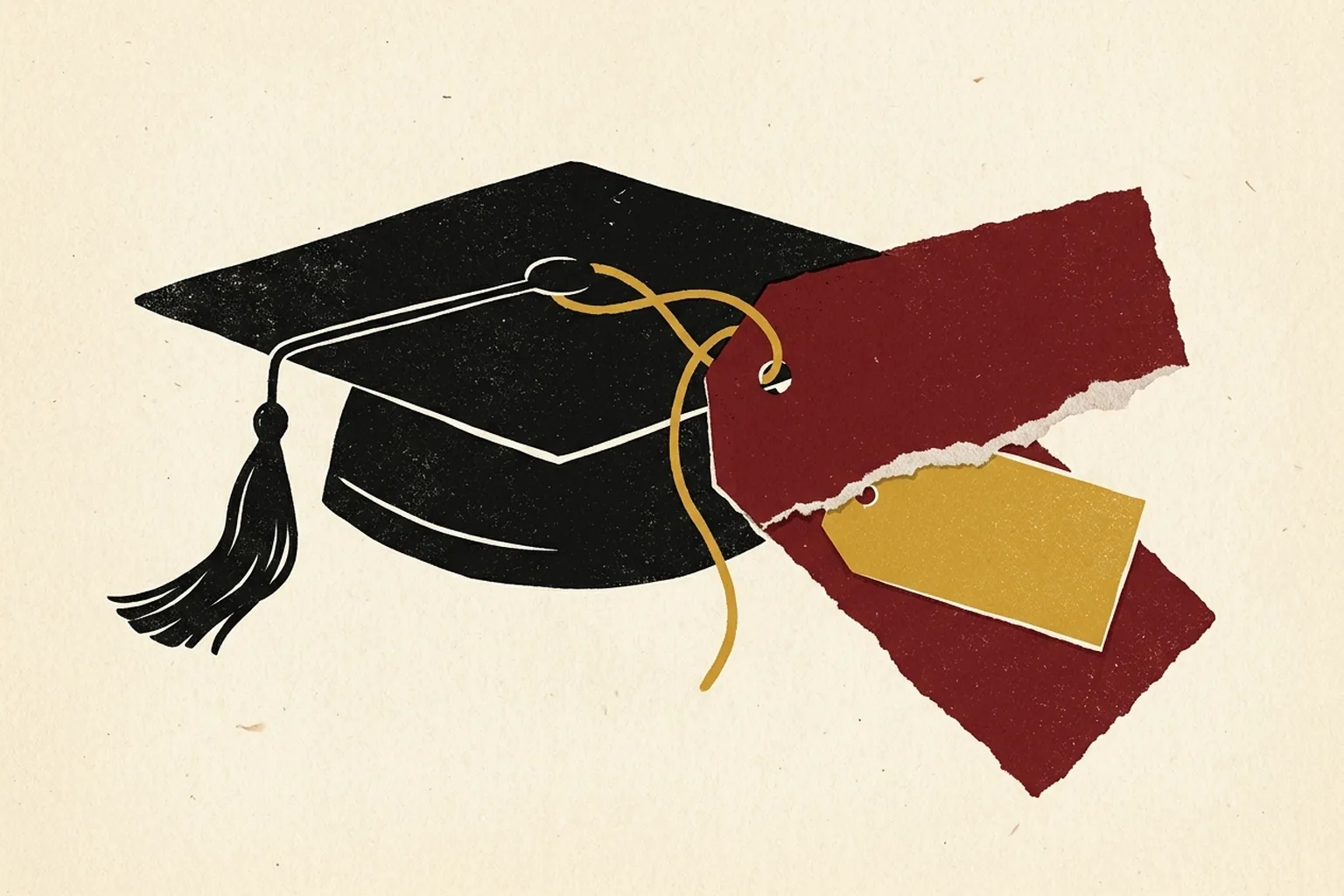 Illustration of a torn price tag on a graduation cap revealing a smaller price tag beneath