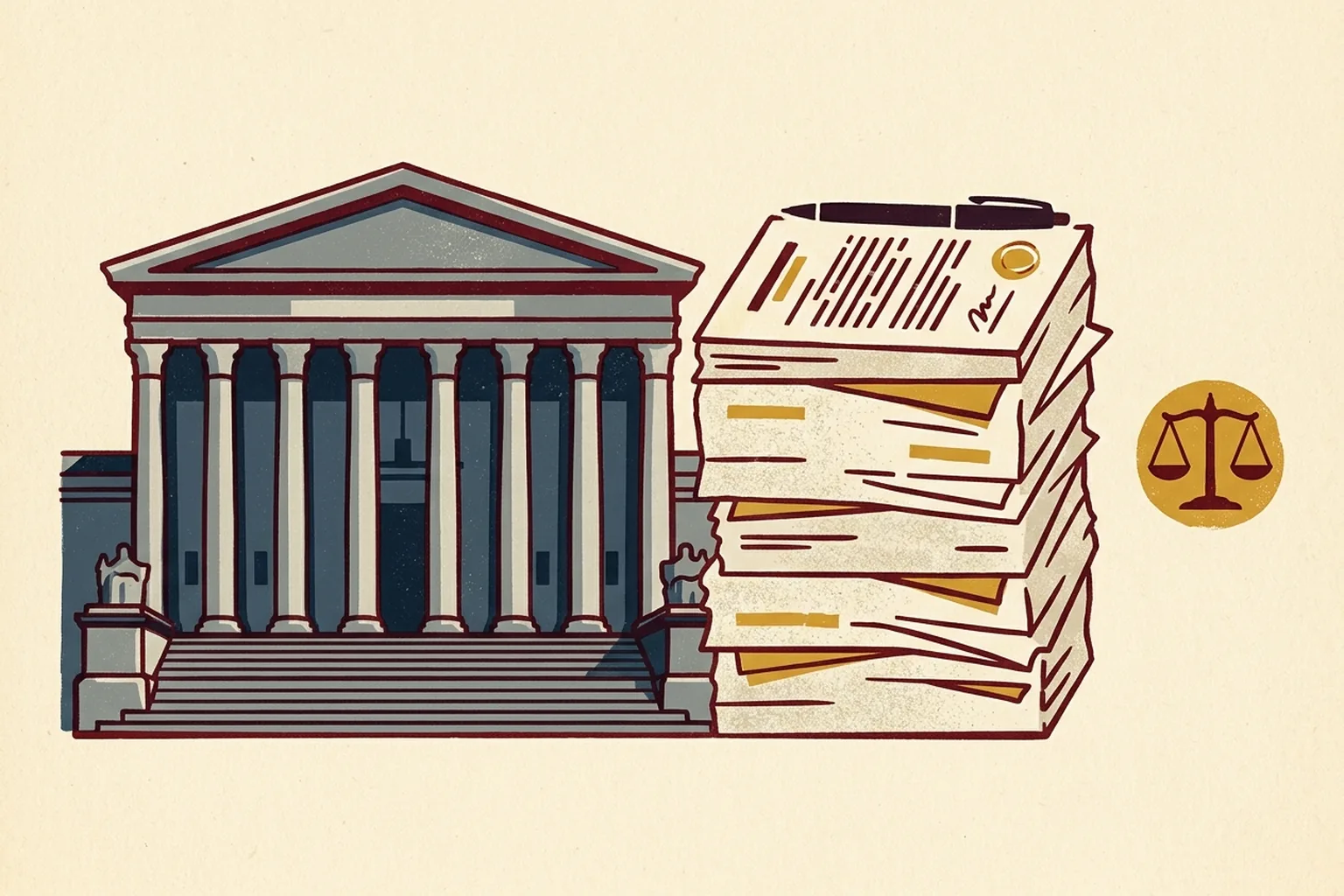 Illustration of a government building beside a stack of loan documents and a balance scale