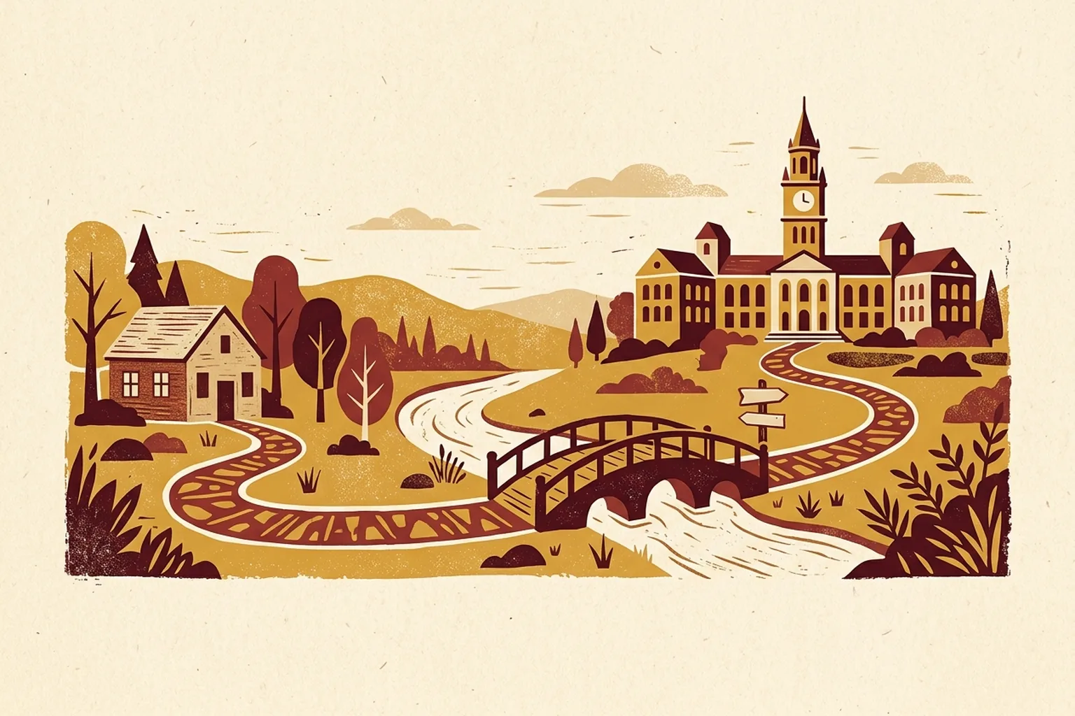 Illustration of a winding path leading from a small college building across a bridge to a university with a clock tower